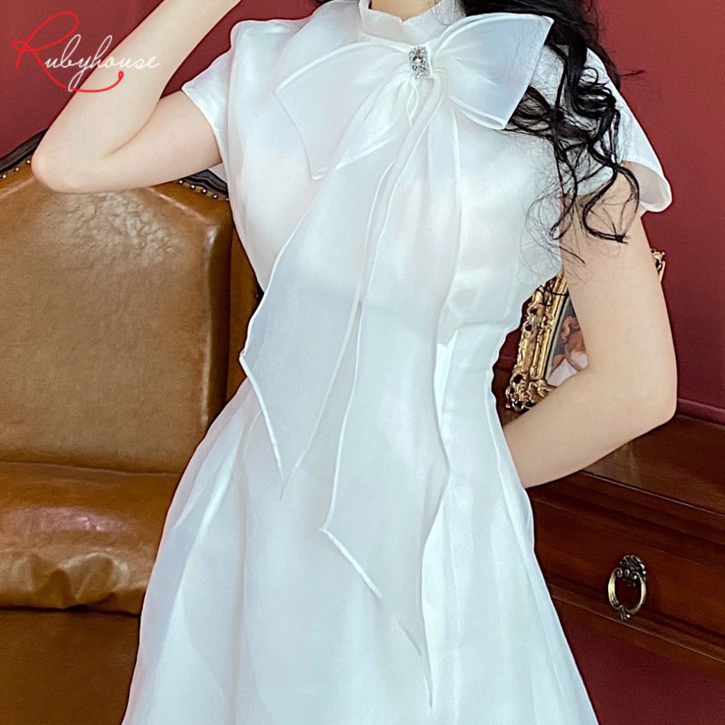 Váy Nữ Tơ Dáng Xòe Xinh Xắn RUBY HOUSE - Váy Chất Organza Cổ Nơ Trắng Đính Cườm, Tay Chờm Che Bắp Tay 2968-1 | BigBuy360 - bigbuy360.vn