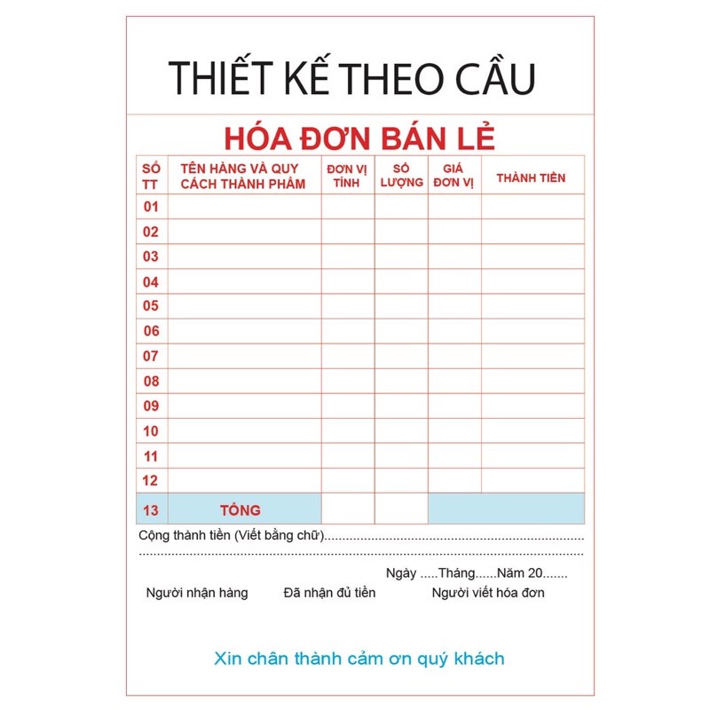 Hoá đơn bán lẻ in theo yêu cầu 1 liên