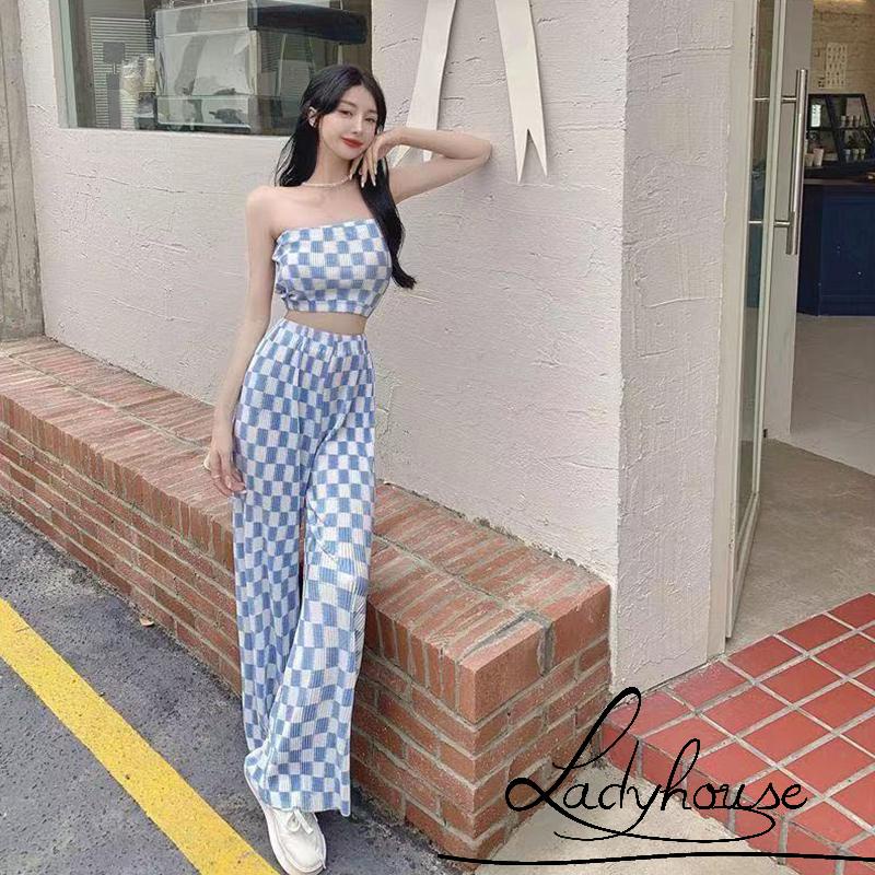 LDD-Women 2PCS Outfits, Check Pattern Sleeveless Tube Tops, High Waist Long Wide Leg Pants