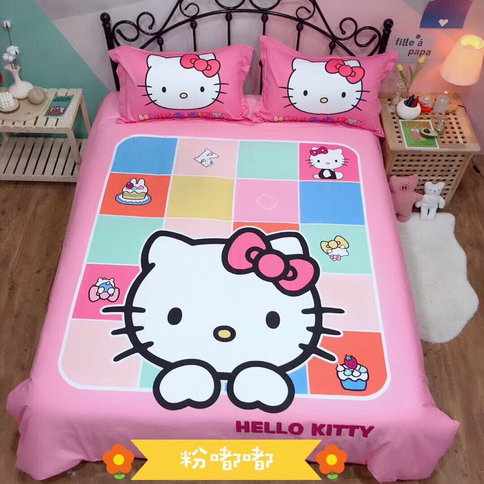 Bộ Chăn Ga Gối Cotton 5D Mẫu Hello Kitty Ô Vuông Mềm Mịn Thoáng Mát Thấm Hút Tốt Cho Đệm 1m2 m4 m6 m8 2m 2m2