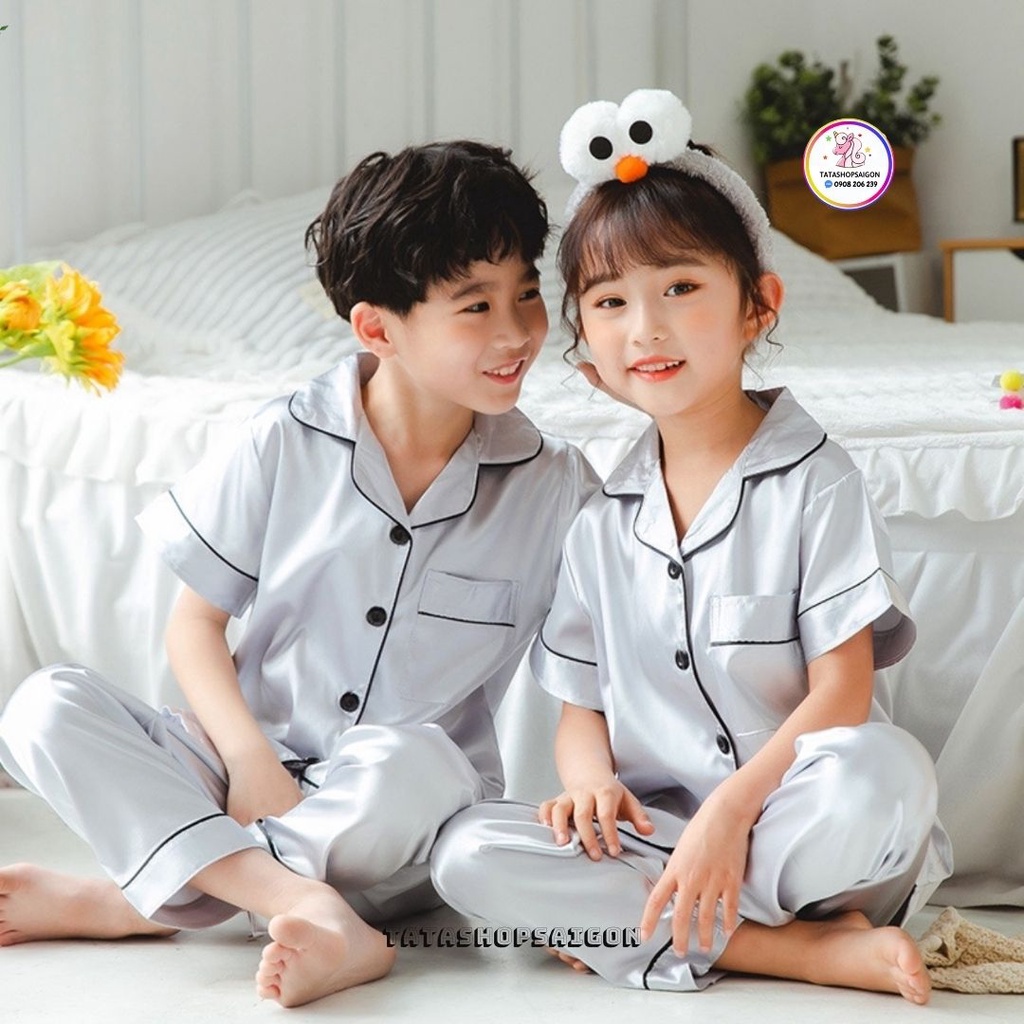 11-40kg Bộ pijama lụa phi bóng tay ngắn quần dài bé trai bé gái mặc đẹp cao cấp