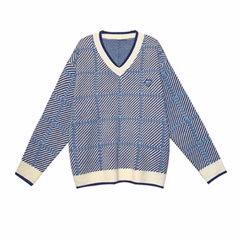 Áo sweater SUXI dệt kim cổ v dáng rộng kẻ sọc kiểu vintage thời trang mùa thu cho nữ
