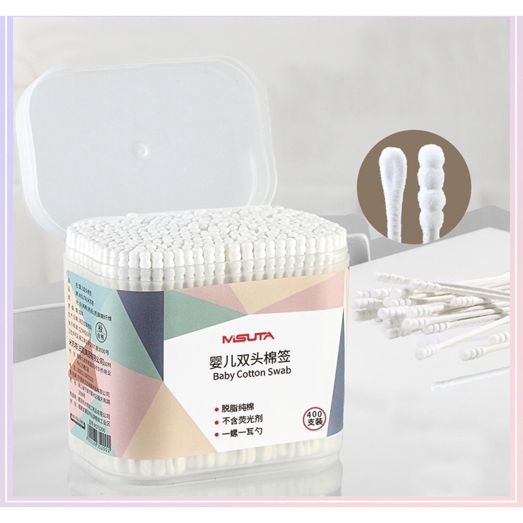 Tăm bông cho bé sơ sinh, bông tự nhiên, hộp 400 que Misuta, hộp 200 que Vcool