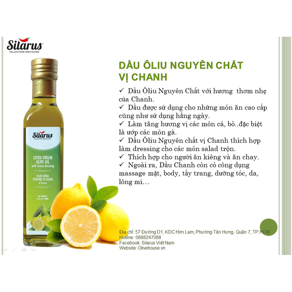 Dầu Olive Nguyên chất (Extra Virgin) Vị Chanh 250ml - thương hiệu Silarus Nhập khẩu từ Ý