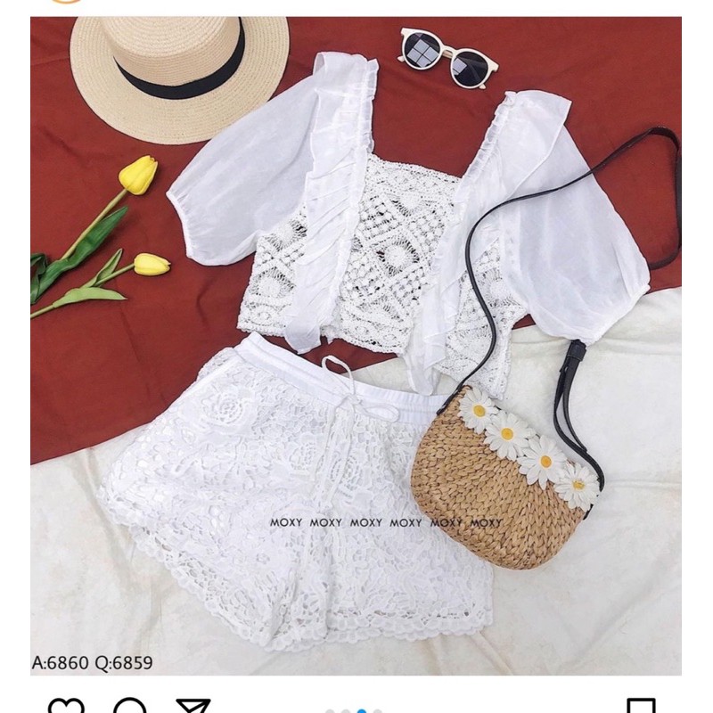 set 2 món - áo ren croptop pha tay bồng + quần ren hoạ tiết đồng xu (có bán tách rời)