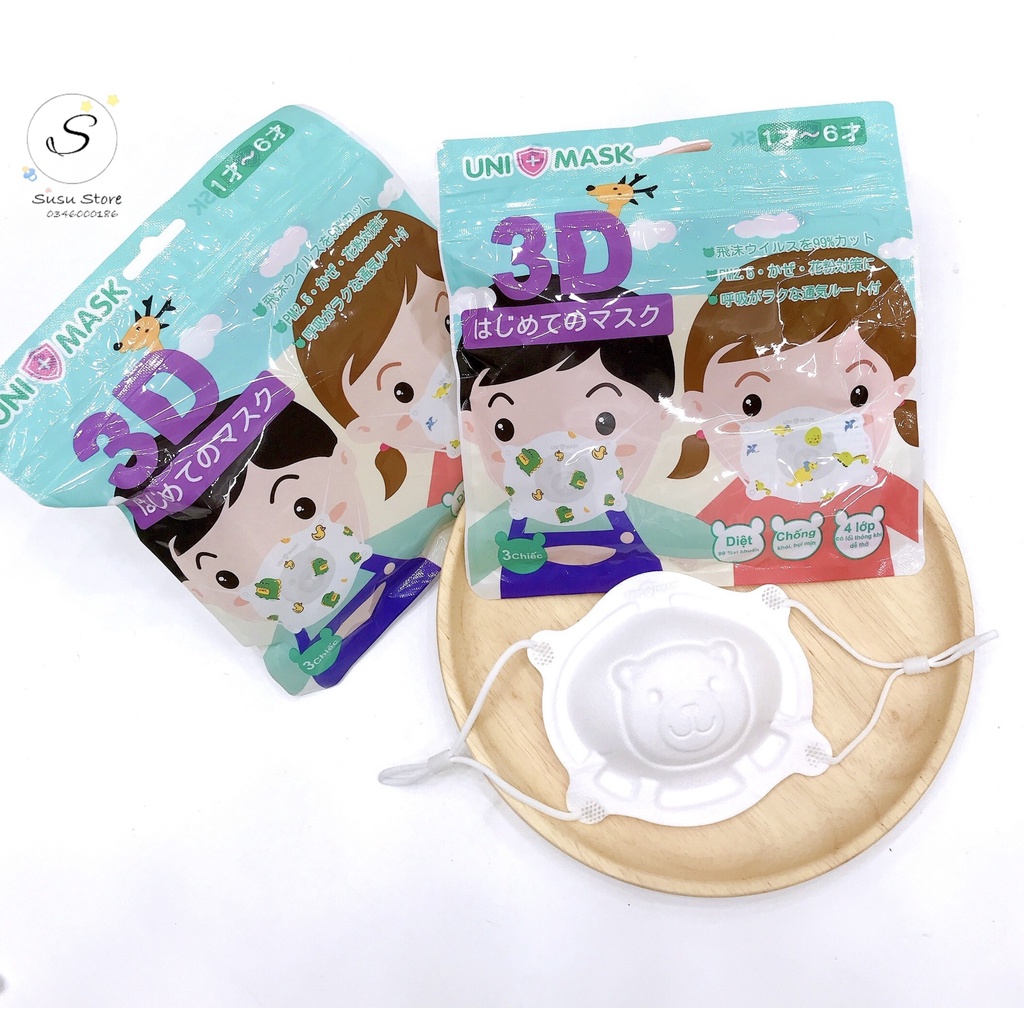 Khẩu trang Unimask hình gấu 3D cho bé siêu yêu( Set 3 cái)