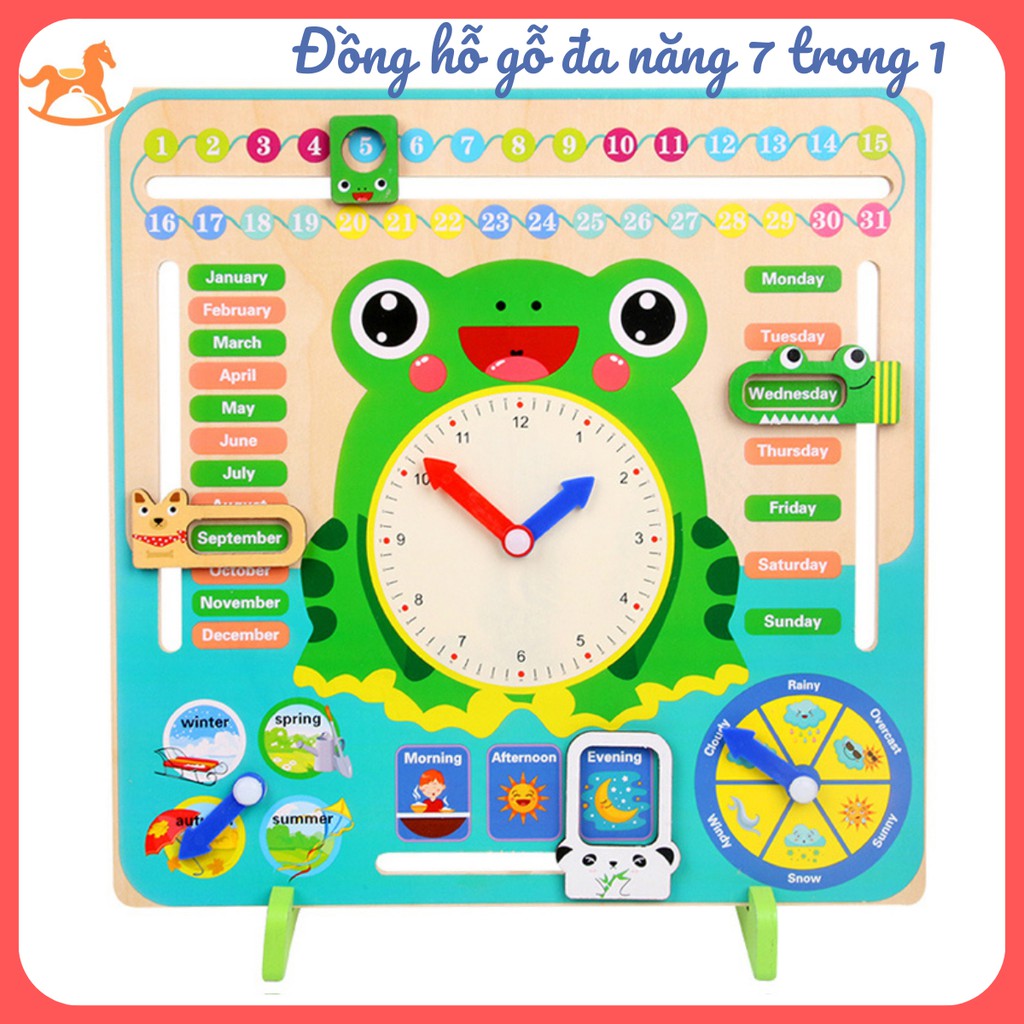 Đồng hồ ếch đa năng bằng gỗ cho bé xem giờ, ngày tháng, thời tiết Tiếng Anh DHECH