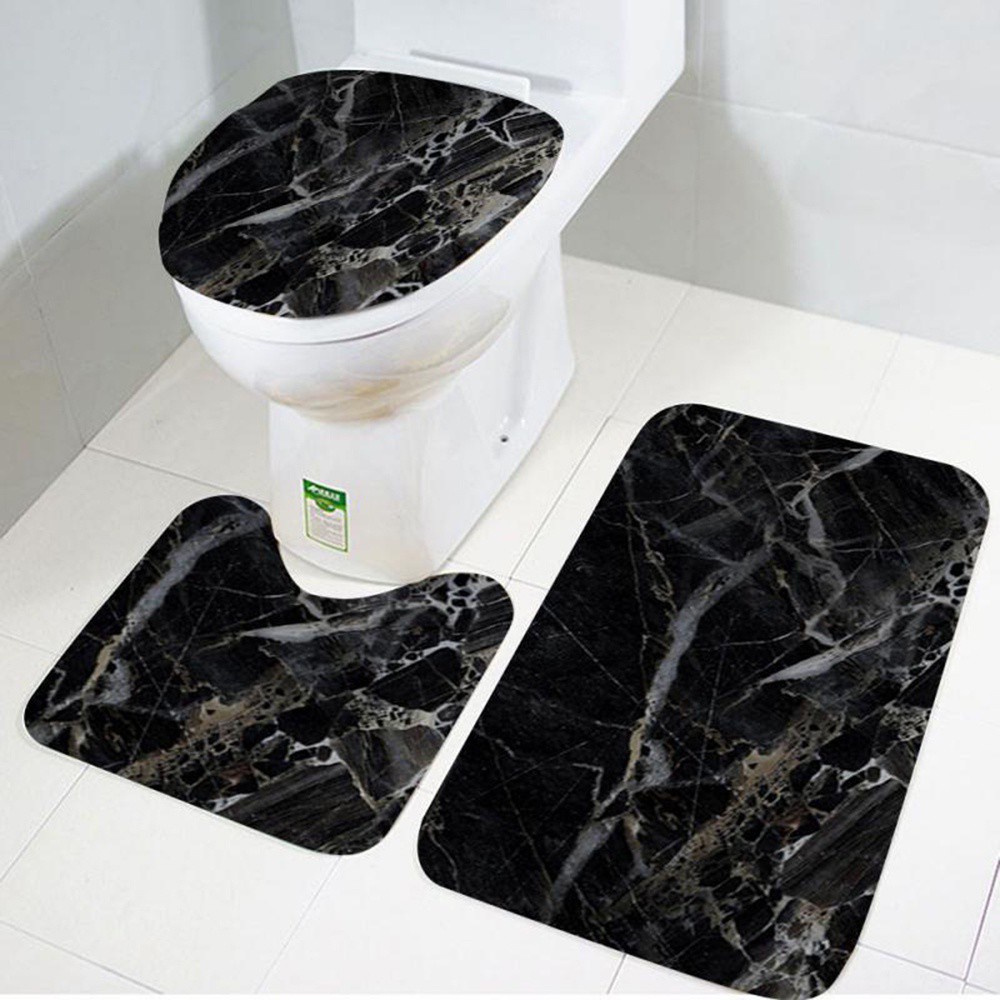 BEAUTY 3pcs New Bathroom Mat Set Home Decor Pedestal Rug Bath Mats Anti Slip Marble Pattern High Quality Washable Toilet Seat Lid Cover