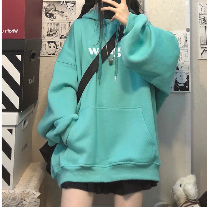 Áo Hoodie Dáng Rộng In Chữ Phong Cách Hàn Quốc Thời Trang Mùa Đông Cho Nữ