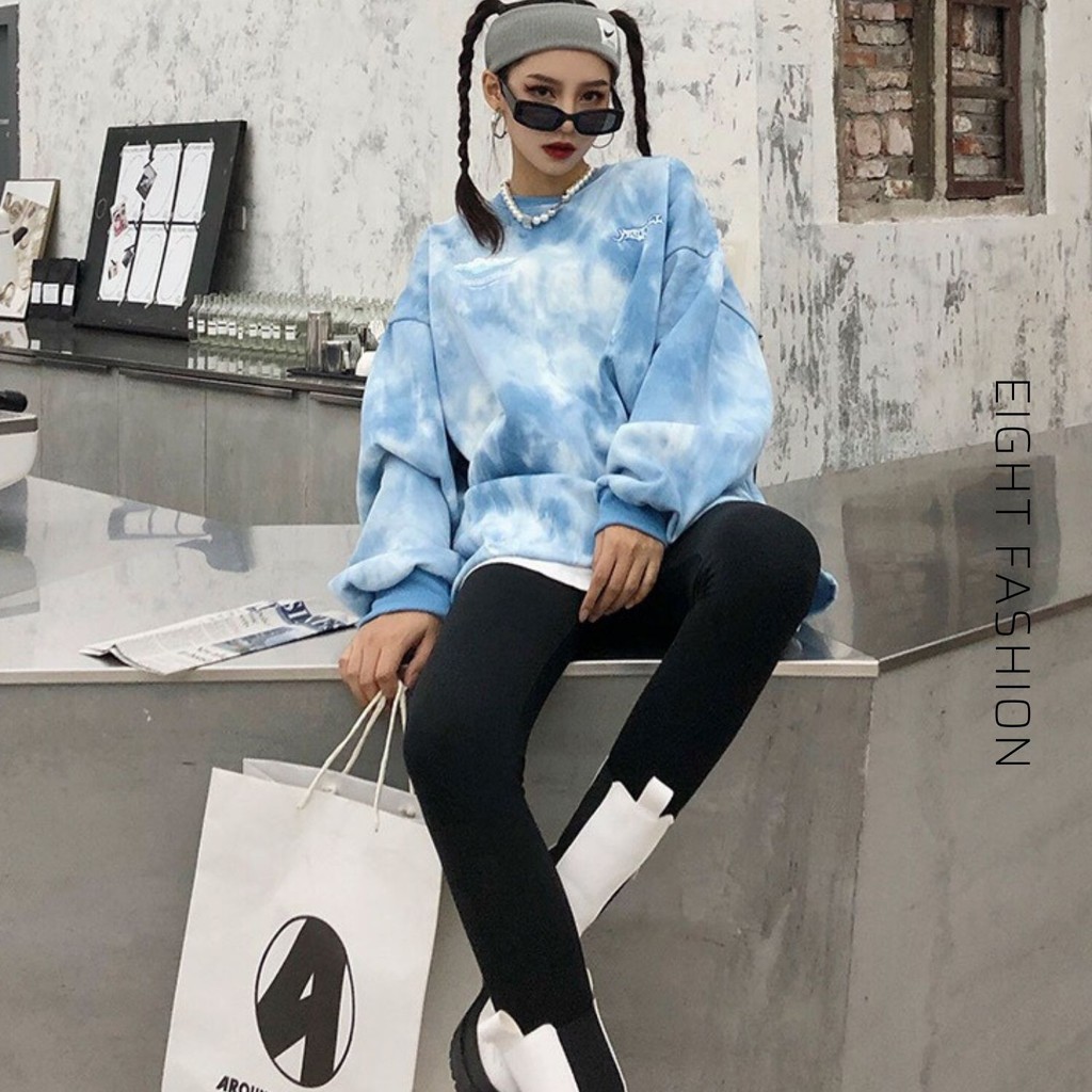 Áo Thun Tay Dài Sweater Mỏng Màu Xanh Loang Hình Đám Mây Chữ Cách Điệu Phong Cách Đường Phố Hàn Quốc NĂNG Động ST100