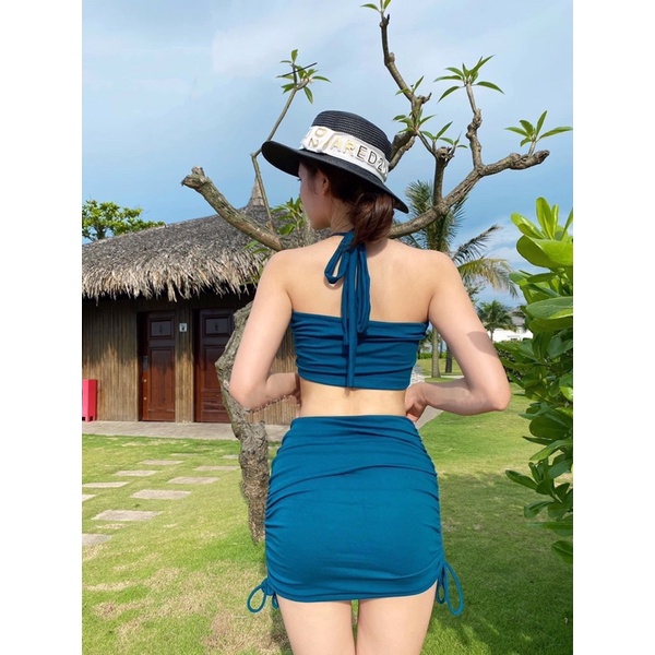 [MẪU HOT+FORM ĐẸP] Bikini 2 mảnh váy phối rút dây bên hông màu xanh cổ vịt