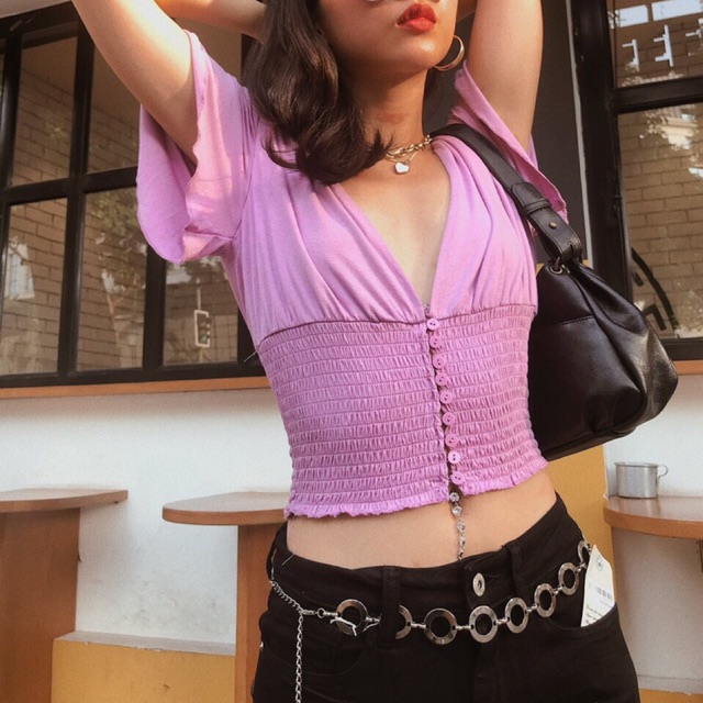 Áo Croptop F21 Nhún Eo Cổ Tim Sâu Gài Nút Tay Cánh Tiên Cotton Lụa Trắng / Đen / Tím