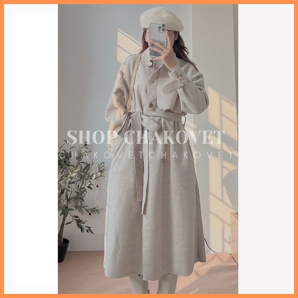 Áo dạ nữ dáng dài phong cách hàn quốc AD8132, kiểu áo khoác ngoài 1 lớp dày dặn màu be có đai eo vai tay đẹp sanh chảnh | BigBuy360 - bigbuy360.vn