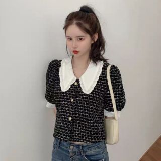Order áo croptop dạ tweet xinh phối cổ bèo trắng