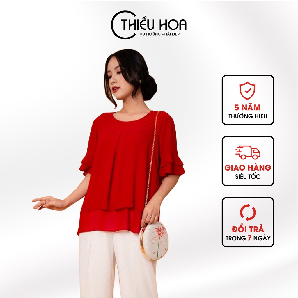 Áo Trung Niên Tay Bèo Thiều Hoa Chất Vải Chiffon 2 Lớp Mềm Mịn, Thoáng Mát Kiểu Dáng Suông Không Kén Người Mặc N912