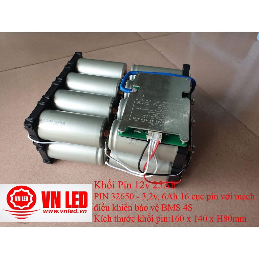 Khối Pin 12v 25Ah, Pin sạc Lithium sắt, 16 viên pin 32650, mạch bảo vệ BMS 4S, hotline 0936395395