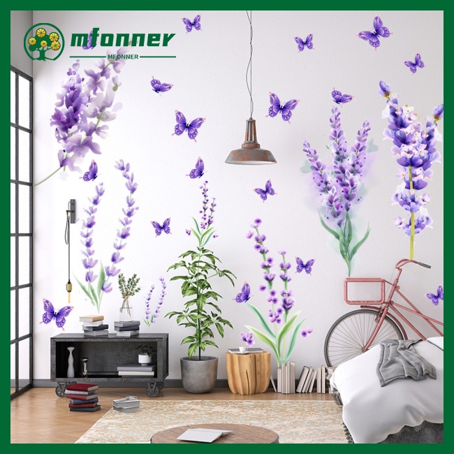 Bộ 2 Sticker Dán Tường Hình Hoa Oải Hương Màu Tím Dùng Trang Trí Phòng Ngủ