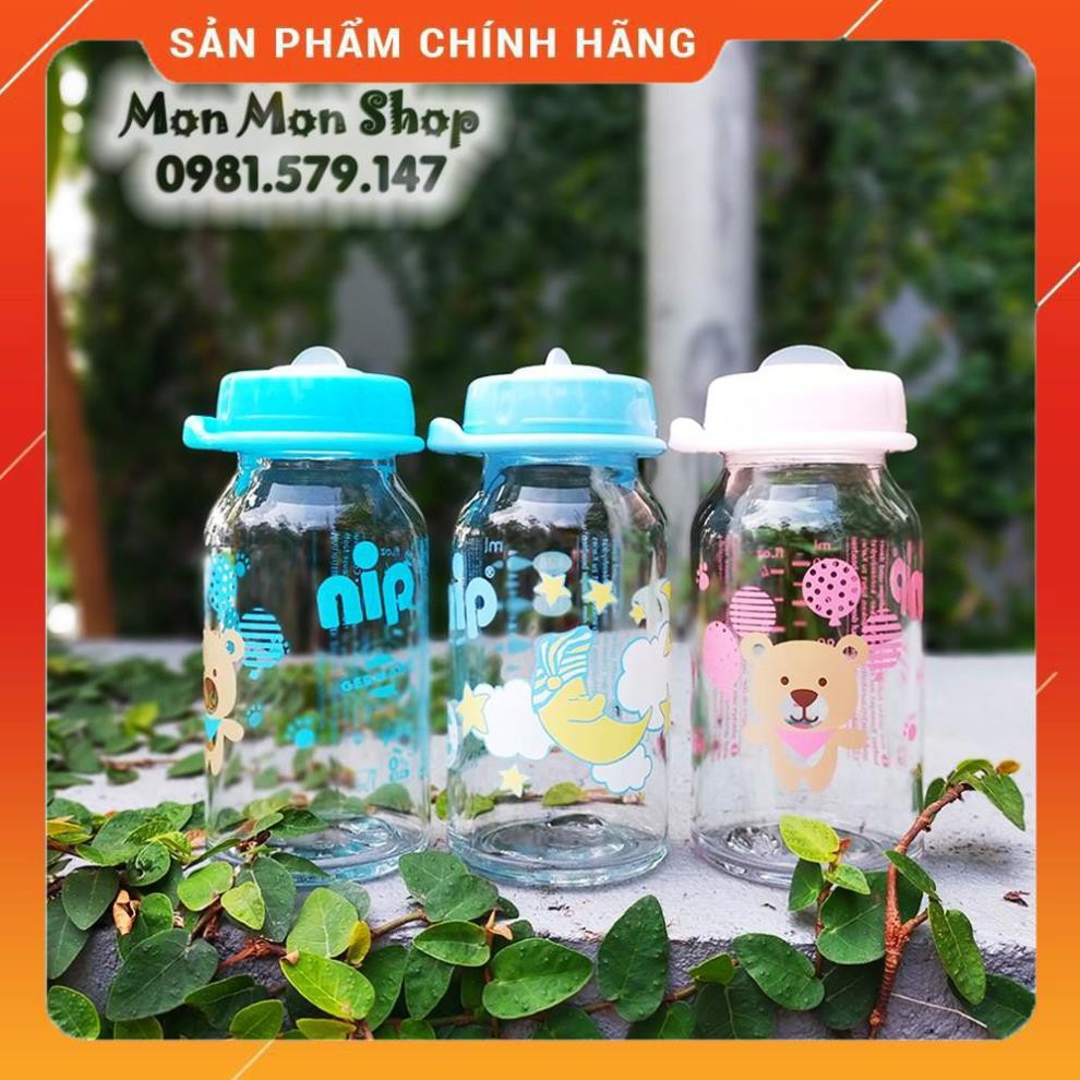 Bình trữ sữa, bình đựng sữa mẹ thủy tinh 150ml/ 250ml  NIP Đức cổ thường/ cổ hẹp có thể gắn thêm núm ti [Giá Sập Sàn]