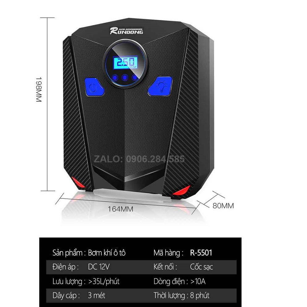Máy bơm lốp ô tô điện tử RUNDONG R5501 cao cấp - bơm hơi 12V đồng hồ điện tử tự ngắt