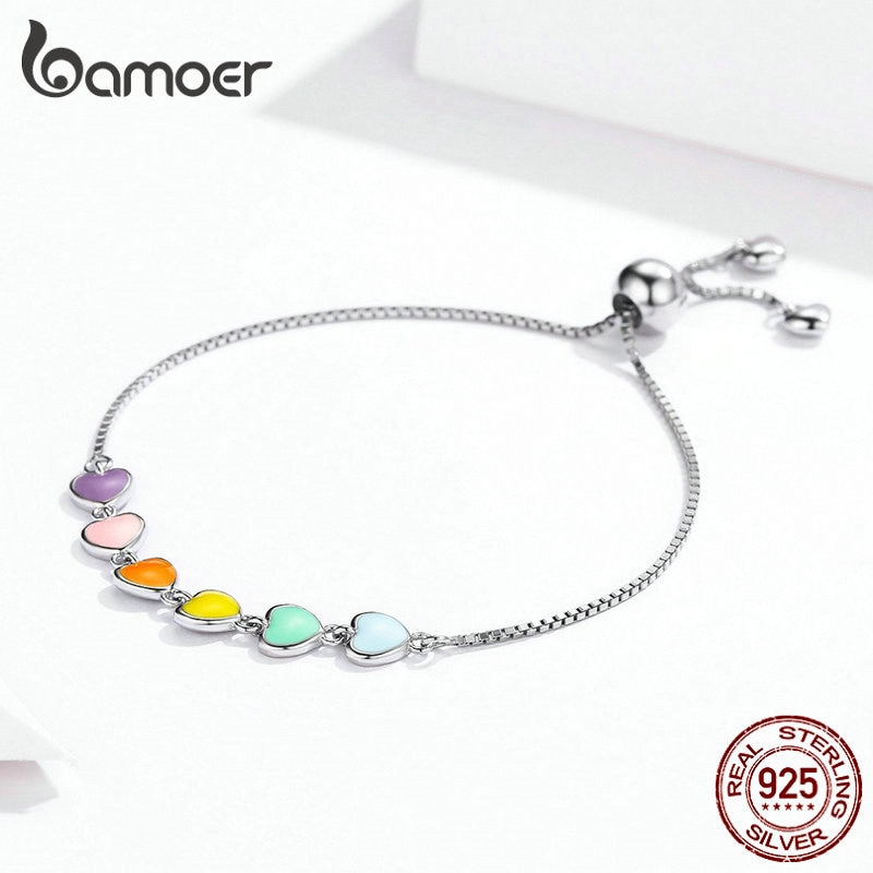 Vòng tay Bamoer SCB158 bằng bạc sterling 925 gắn trái tim lên men màu cầu vồng