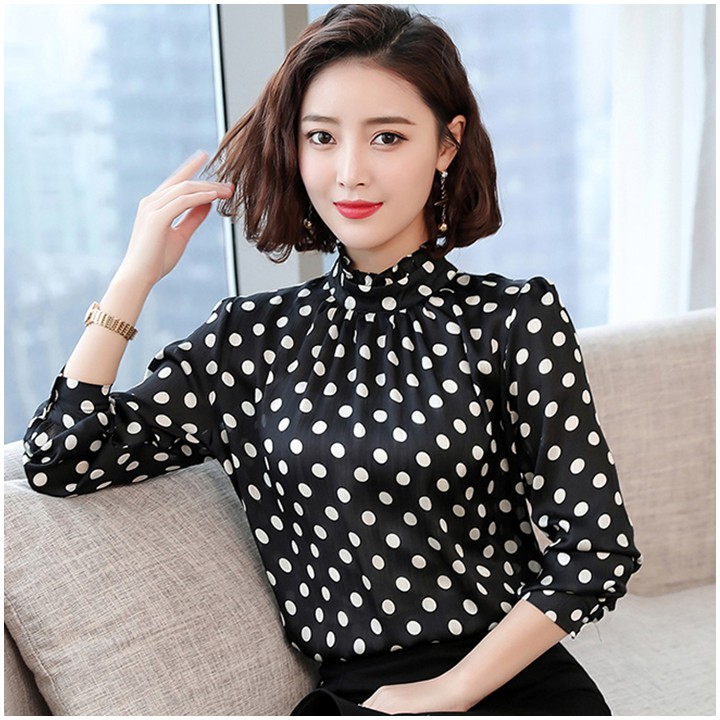 Áo Nữ Áo Sơ Mi Chấm bi Cao Cấp kiểu Tay Dài TH025