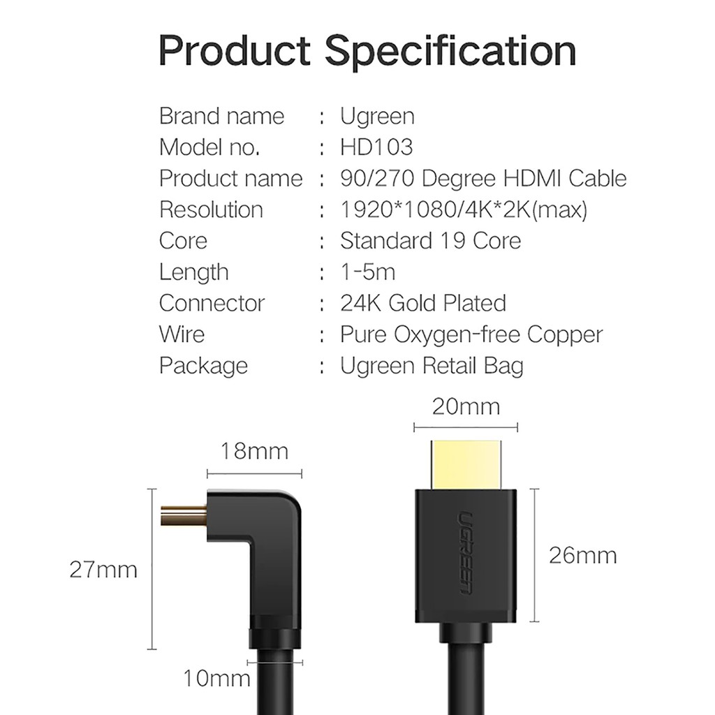 Cáp HDMI Đầu Bẻ Góc 90º Cao Cấp UGREEN