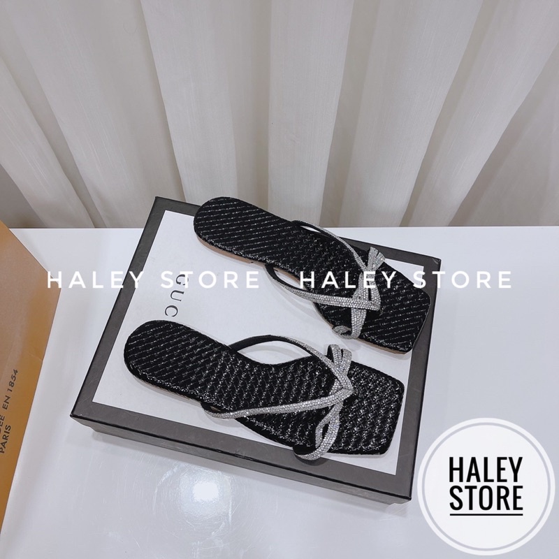 Dép nữ HALEY STORE mũi vuông kẹp xỏ ngón quai đính đá xoàn pha lê sáng lấp lánh sang trọng tiểu thư quai mảnh rẻ bền đẹp