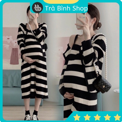 Set váy len hai dây kẻ ngang dáng maxi mix áo khoác cardigan dài tay, váy len 2 dây kèm khoác cadigan SVL279 Trabinhshop