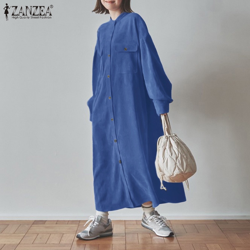 Đầm maxi ZANZEA tay dài cổ bẻ dáng rộng màu trơn cài nút thời trang Hàn Quốc cho nữ