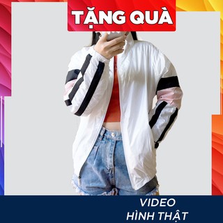 Áo khoác gió không mũ vải dù 2 lớp khóa kéo phối tay màu trắng freesize dưới 55kg