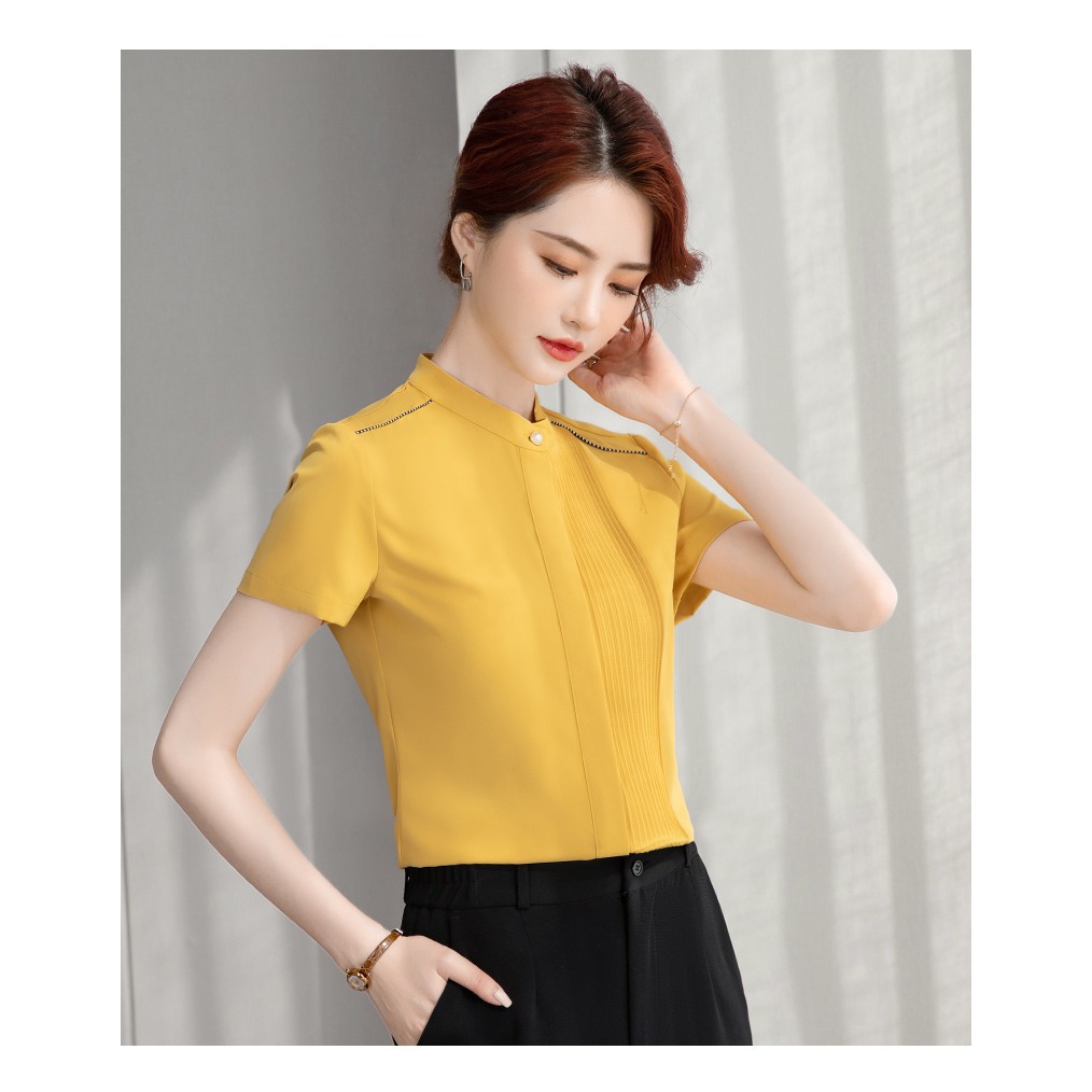 Áo sơ mi trắng nữ cổ tàu, cao cổ nữ tay dài màu Vàng công sở dáng suông, chống nhăn chống xù Bly Fashion Mã SP: A257