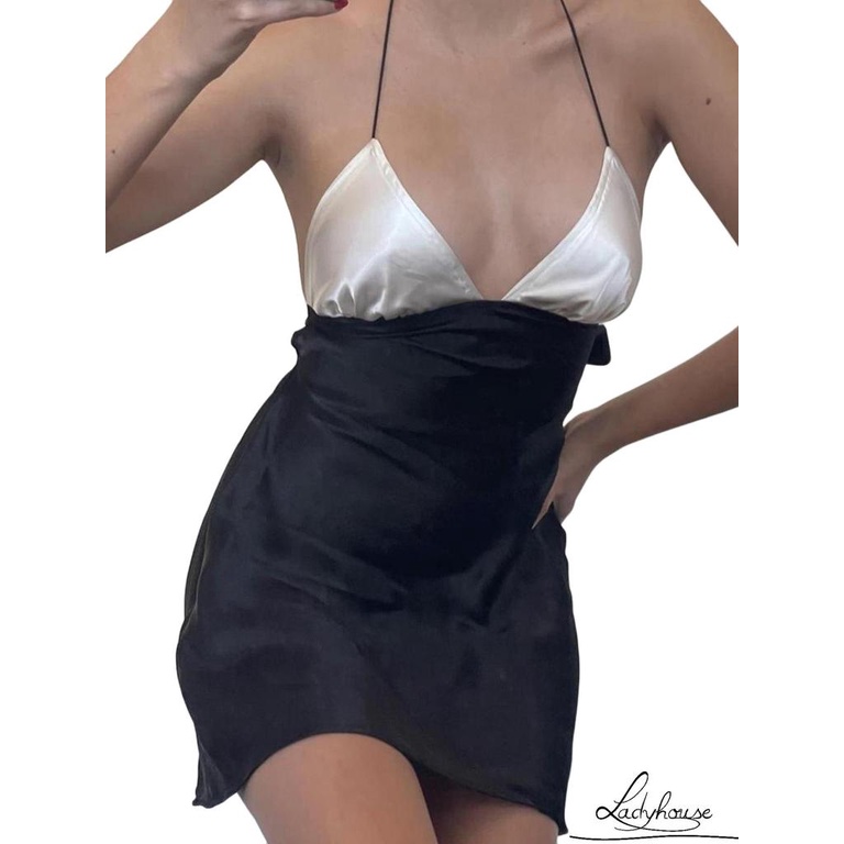 Đầm Ngắn Không Tay Hở Lưng Phối Dây Cột Dành Cho Nữ Dự Tiệc