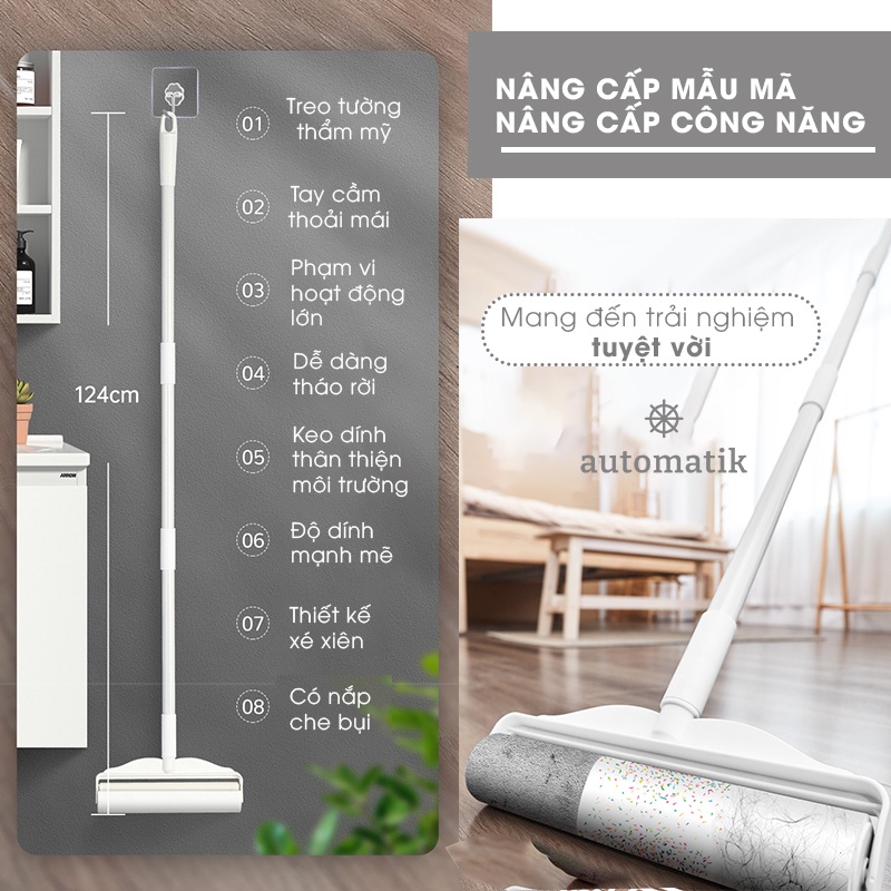 Cây Lăn Bụi Cán Dài Làm Sạch Quần Áo Ga Giường Sofa Sàn Nhà Có Nắp 16cm, 24cm Lăn Lông Tóc Siêu Dính Siêu Tốc Automatik