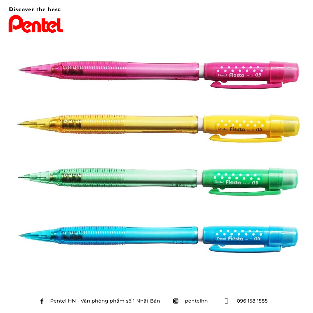 Bút Chì Kim Pentel Fiesta AX105C Ngòi 0.5mm | Thiết Kế Hiện Đại | Trang Bị Đầu tẩy | 4 Màu Vỏ