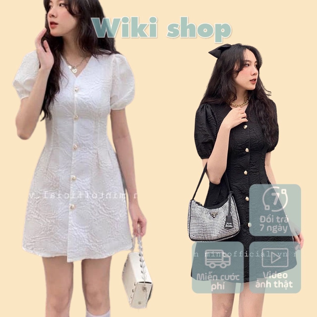 Váy đầm nữ cộc tay bồng gấm hoa khoét eo cut out đen trắng Wikishop freesize phong cách hàn quốc sexy dáng chữ A C795