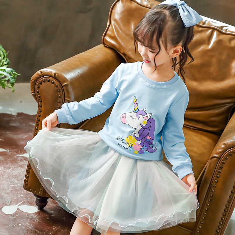 Set Áo Thun Tay Dài &amp; Chân Váy Lưới Cho Bé Gái