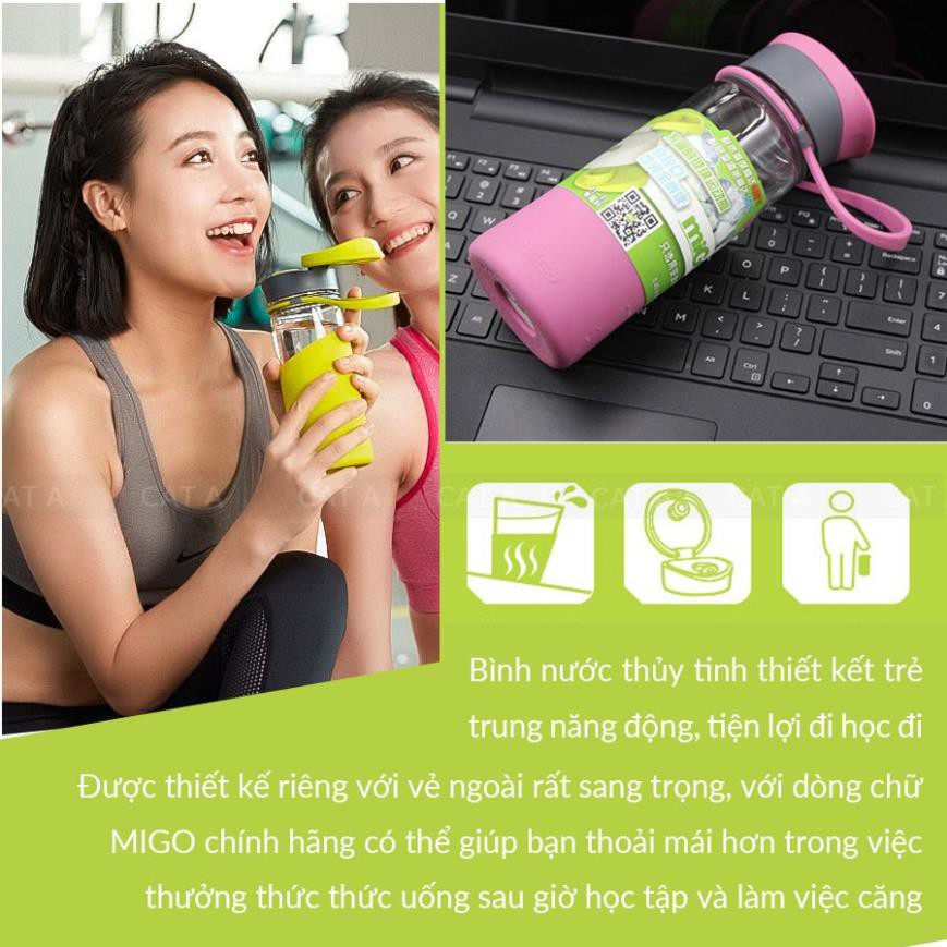 Bình nước thủy tinh MIGO 1778 chịu nhiệt tốt, an toàn, có quai xách, đáy bọc silicon chống trượt