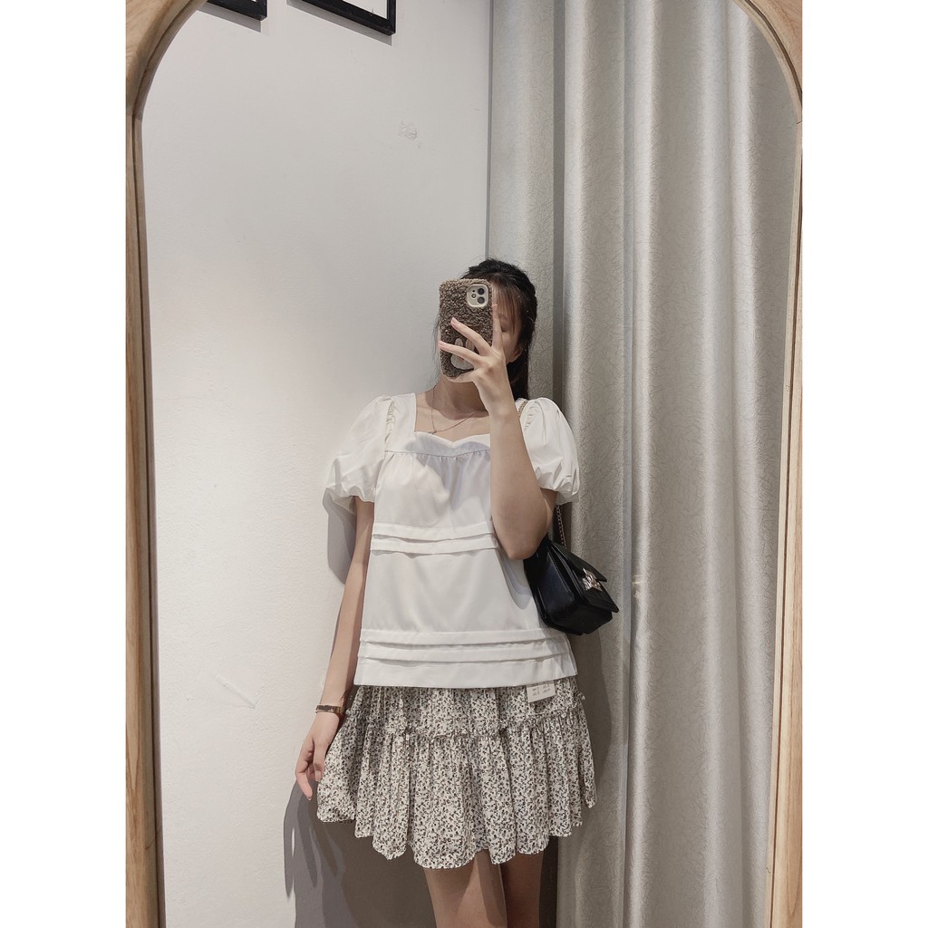 Áo Babydoll Cổ Vuông tầng [Freeship] Áo Cổ Vuông Tay Bồng 2 Màu Trắng - Nâu