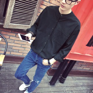 Áo sơ mi nam đen cổ tàu
