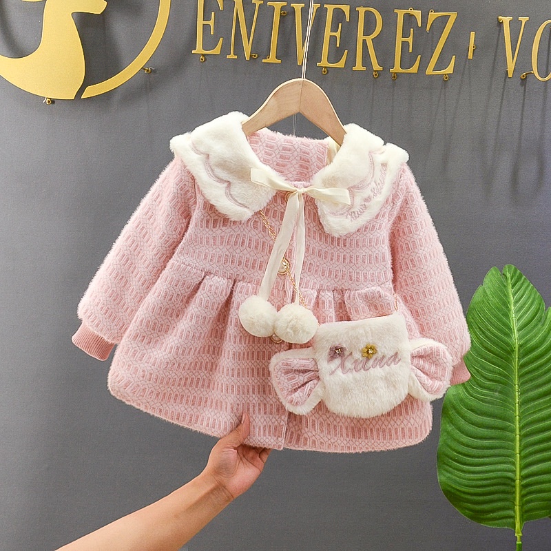 áo khoác len lông ấm áp bé gái size 9-20kg họa tiết cổ thêu tặng kèm túi đeo xinh xắn AK40