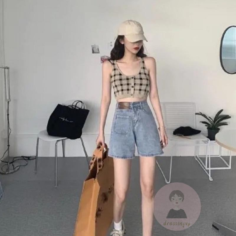 Áo Tank Top Không Tay Hở Lưng Dệt Kim Họa Tiết Sọc Caro Phong Cách Vintage Cho Nữ