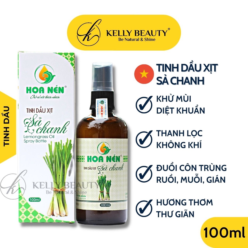 Tinh Dầu Xịt Sả Chanh HOA NÉN 100ml - Khử Mùi, Kháng Khuẩn; Thanh Lọc Không Khí, Đuổi Côn Trùng | Kelly Beauty