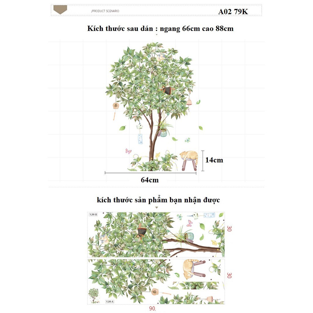 Decal dán tường chú mèo nằm dưới gốc cây