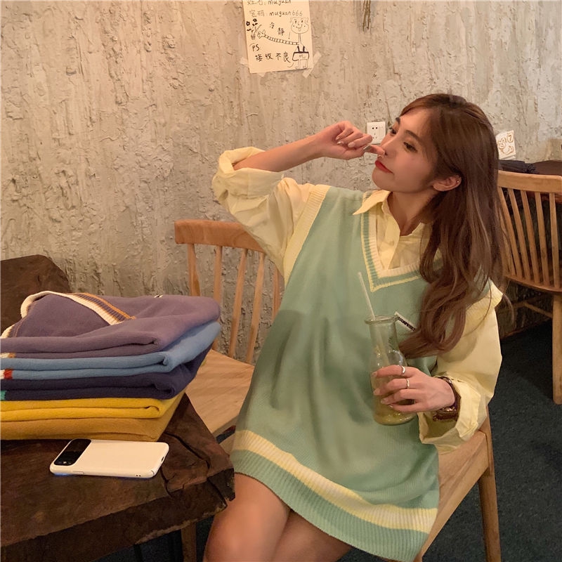 Áo Len Không Tay Cổ Chữ V Họa Tiết Kẻ Sọc Thời Trang Mùa Thu Hàn Quốc | BigBuy360 - bigbuy360.vn