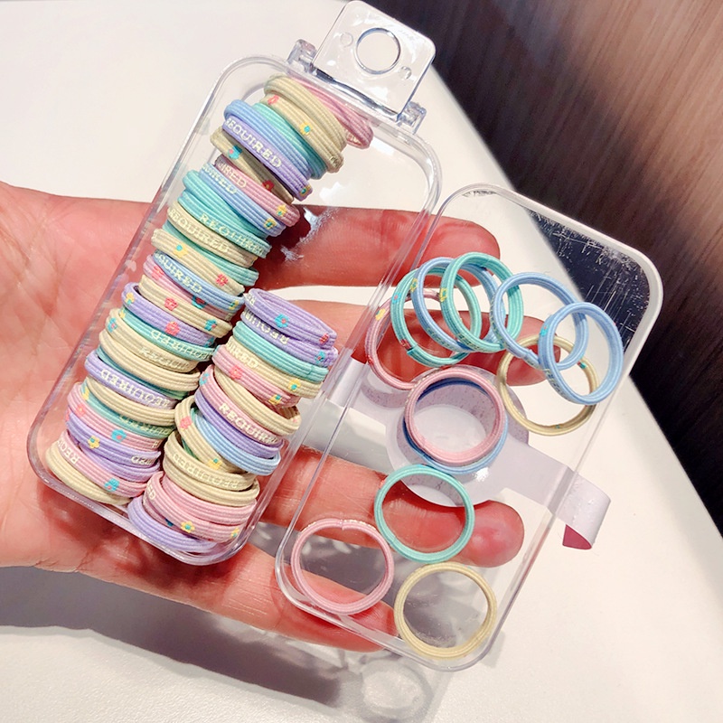 Hộp 60 Dây Buộc Tóc Cao Su Co Giãn Màu Kẹo Dễ Thương Phong Cách Hàn Quốc Dành Cho Bé Gái