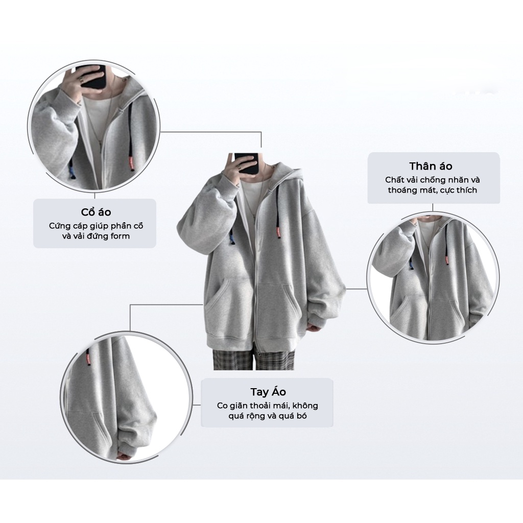 Áo Khoác Kéo Khóa Nam, Nữ Hoodie Basic Unisex Nỉ From Rộng Màu Xám HDKK950
