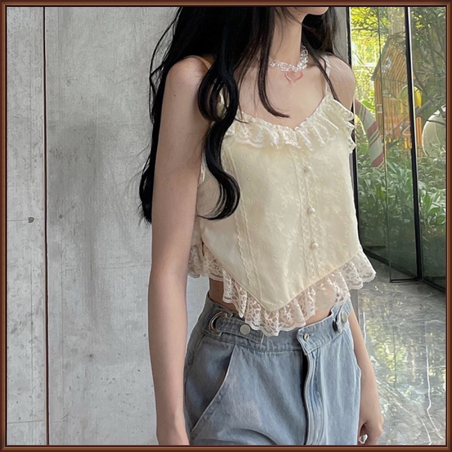 Áo Croptop Hai Dây Màu Trơn Đính Ngọc Trai Phối Ren Thời Trang Cho Nữ