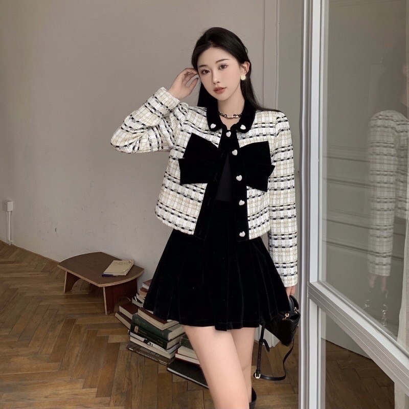Set áo khoác croptop dạ tweed + chân váy xếp ly