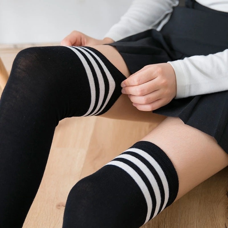 Vớ Cổ Cao Co Giãn Họa Tiết Kẻ Sọc Phong Cách Harajuku Cho Học Sinh