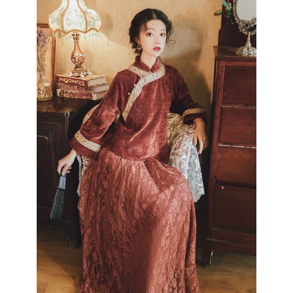 (S1200) set bộ hán phục cao cấp áo nhung dài tay và váy thêu vân hoa size S M L (kèm ảnh khách)